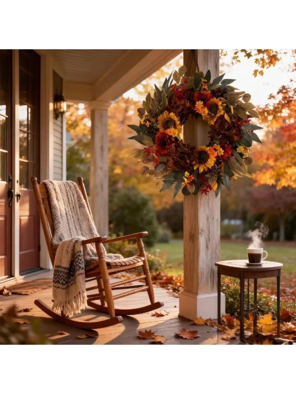 24-Inch Fall Sunflower & Hydrangea Wreath for Autumn Front Door Decor